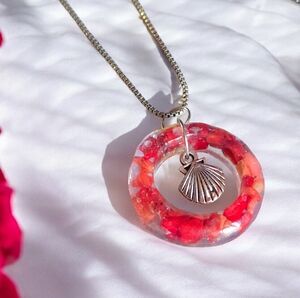 Red Coral Resin Donut Pendant Necklace | Floating Seashell Charm | 18” Chain